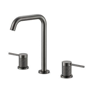 Gun metal grey widespread bathroom faucet with tall right-angle tube spout and ribbed pin lever handles — SANIKB B064 04 45 1