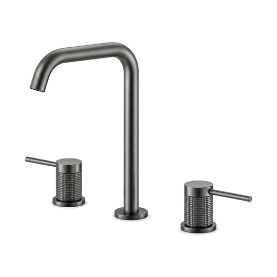 Gun metal grey widespread bathroom faucet with tall right-angle tube spout and ribbed pin lever handles — SANIKB B064 04 45 1