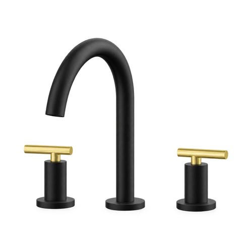 Matte black widespread bathroom faucet with high C-arc tube spout and brushed gold T-lever handles — SANIKB B015 04 47 1