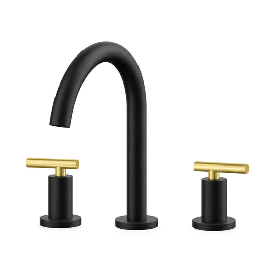 Matte black widespread bathroom faucet with high C-arc tube spout and brushed gold T-lever handles — SANIKB B015 04 47 1