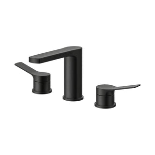 Matte black widespread bathroom faucet with flat rectangular spout and two curved blade lever handles — SANIKB B091 04 31 1