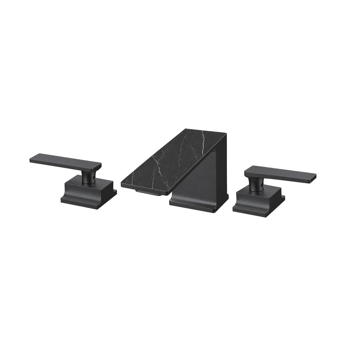 Matte Black — Widespread bathroom faucet with wedge-shaped marble-pattern spout and two flat levers on square bases — SANIKB DL-01 300-BK