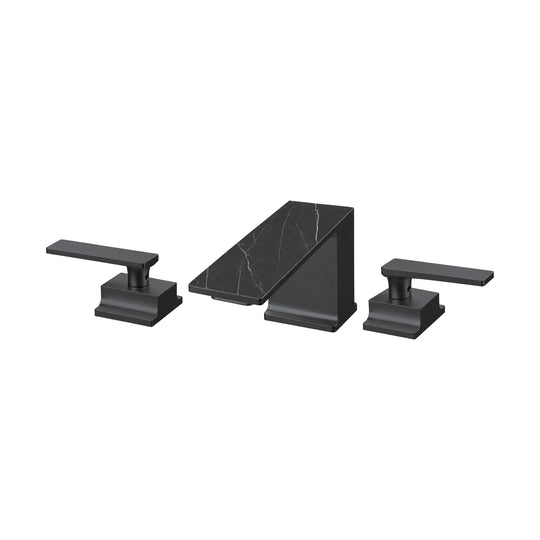 Matte Black — Widespread bathroom faucet with wedge-shaped marble-pattern spout and two flat levers on square bases — SANIKB DL-01 300-BK