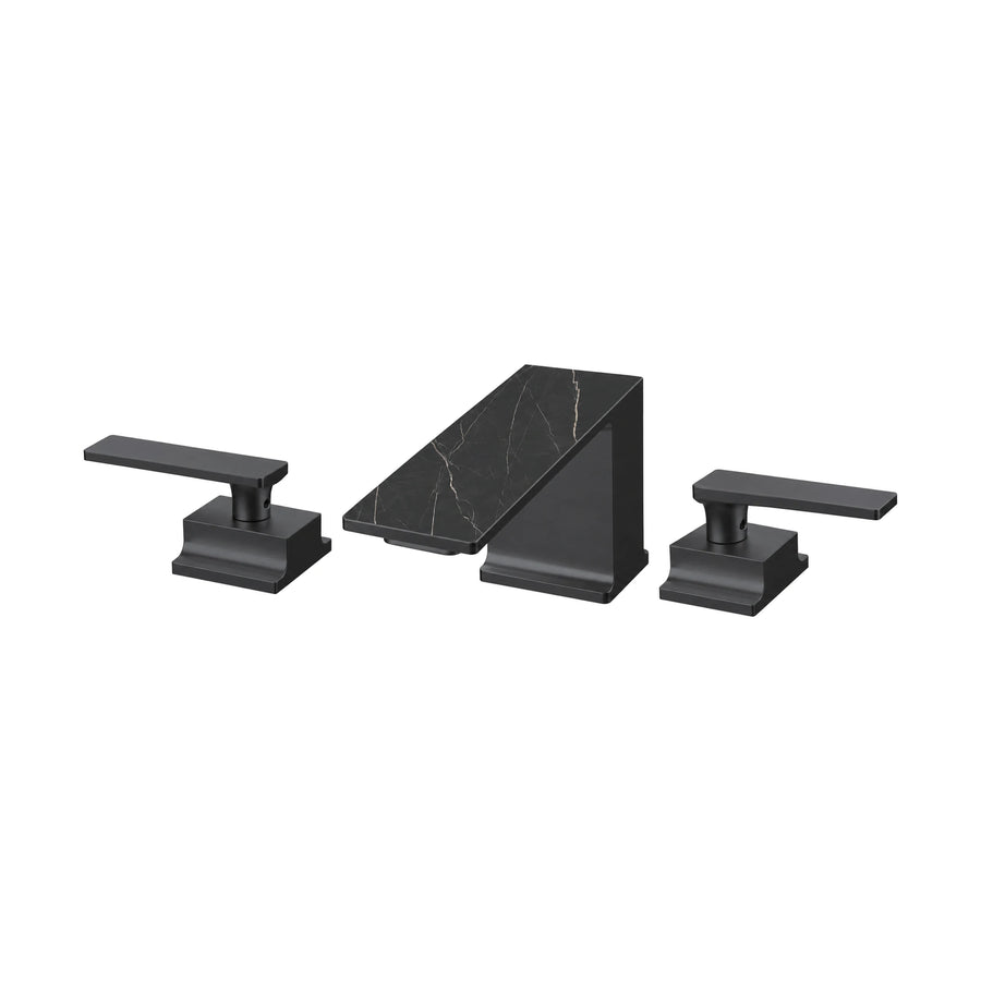Matte Black — Widespread bathroom faucet with wedge-shaped marble-pattern spout and two flat levers on square bases — SANIKB DL-01 300-BK