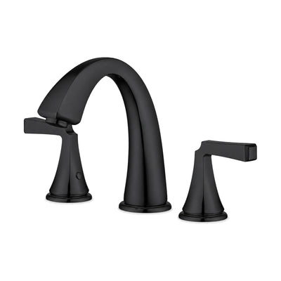 Matte black widespread bathroom faucet with high arched spout on a flared base and two straight flat levers — SANIKB DL-01 303-BK