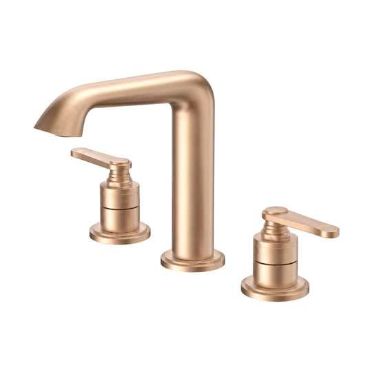 Rose gold widespread bathroom faucet with arched flared-tip spout and two stepped paddle lever handles — SANIKB B1006A 04 36 1
