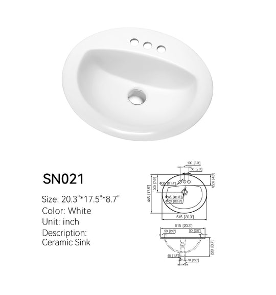 SN021 white oval drop-in ceramic bathroom sink, 3-hole 4 inch centerset, with spec drawing dimensioned 20.3 in by 17.5 in by 8.7 in