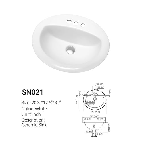 SN021 white oval drop-in ceramic bathroom sink, 3-hole 4 inch centerset, with spec drawing dimensioned 20.3 in by 17.5 in by 8.7 in