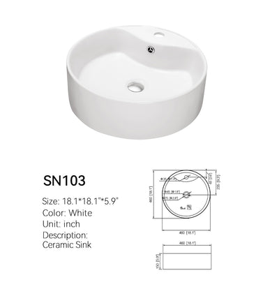 18 inch round ceramic vessel sink with faucet deck, SN103, white, with dimensioned spec drawing, 18.1 in (460 mm) diameter