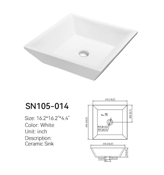16 inch sloped square ceramic vessel sink SN105-014, white above-counter basin at a high angle with dimensioned spec drawing