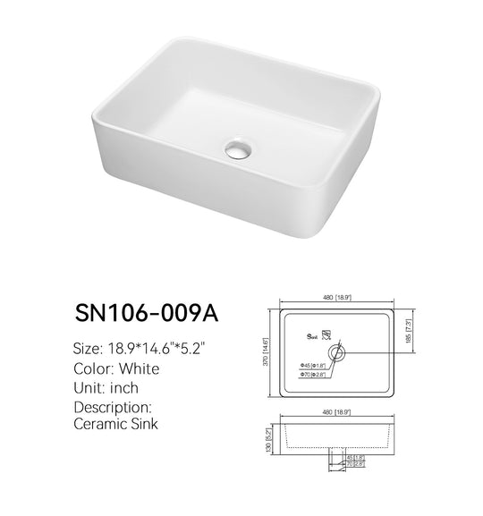 SN106-009A white 19 inch rounded rectangular ceramic vessel sink with dimension drawing, 18.9 x 14.6 x 5.2 in, center drain