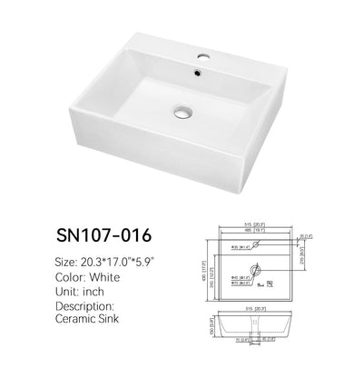 White ceramic 20 inch rectangular above-counter vessel basin SN107-016, front view of the bowl, faucet hole, and drain with dimensions