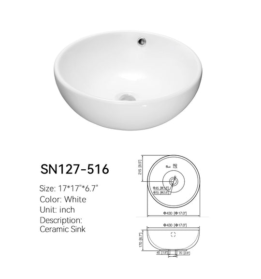 White SANIKB SN127-516 17 inch round ceramic vessel sink with overflow, with dimension drawing showing 17.0 in (430 mm) diameter, 6.7 in (170 mm) height, and 1.8 in (45 mm) drain