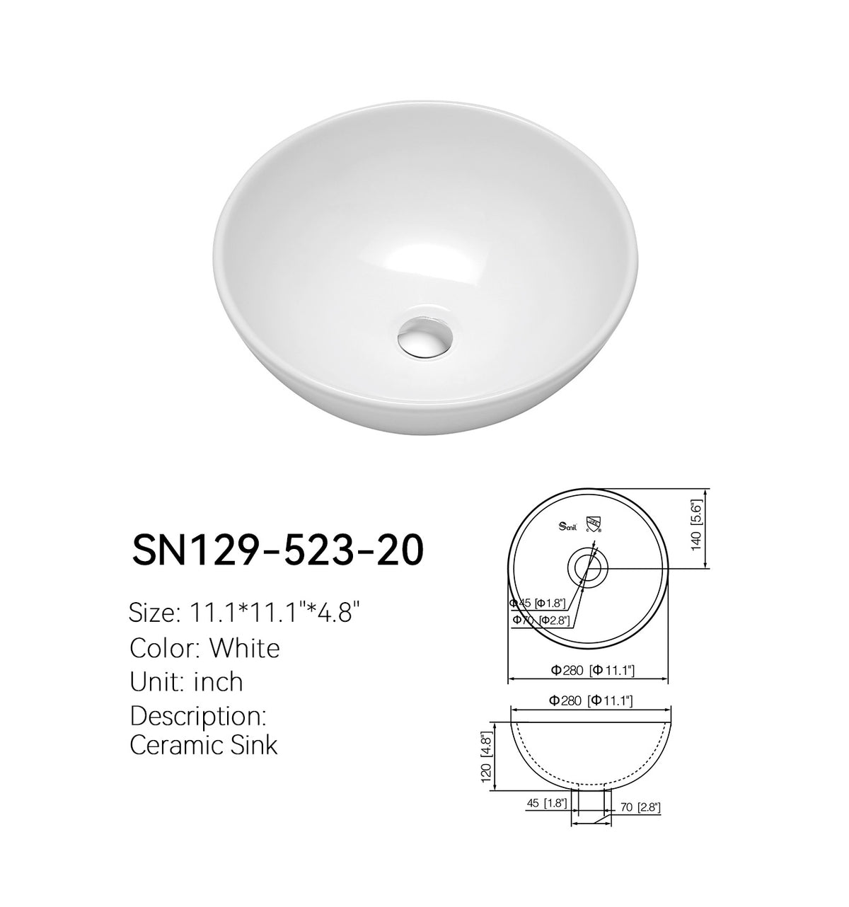 White small round ceramic vessel sink SN129-523-20 with spec drawing showing 11.1 inch diameter and 4.8 inch height
