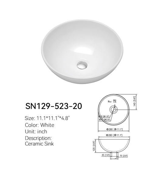 White small round ceramic vessel sink SN129-523-20 with spec drawing showing 11.1 inch diameter and 4.8 inch height