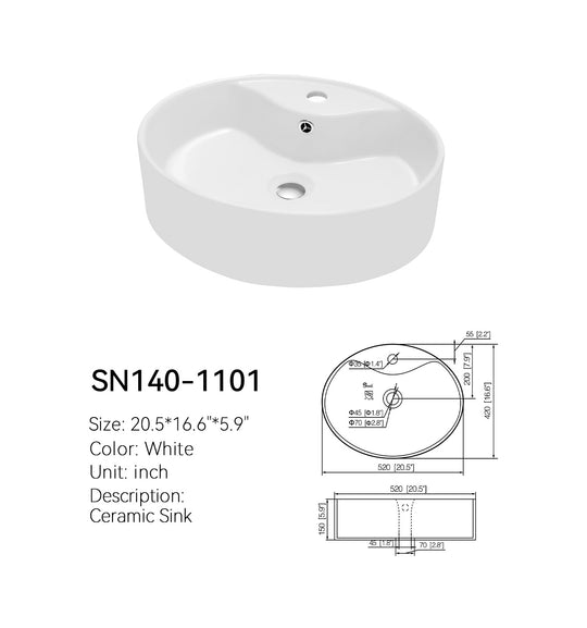 Overhead view of the SN140-1101 20.5-inch oval ceramic vessel sink with faucet deck in glossy white, showing the basin interior