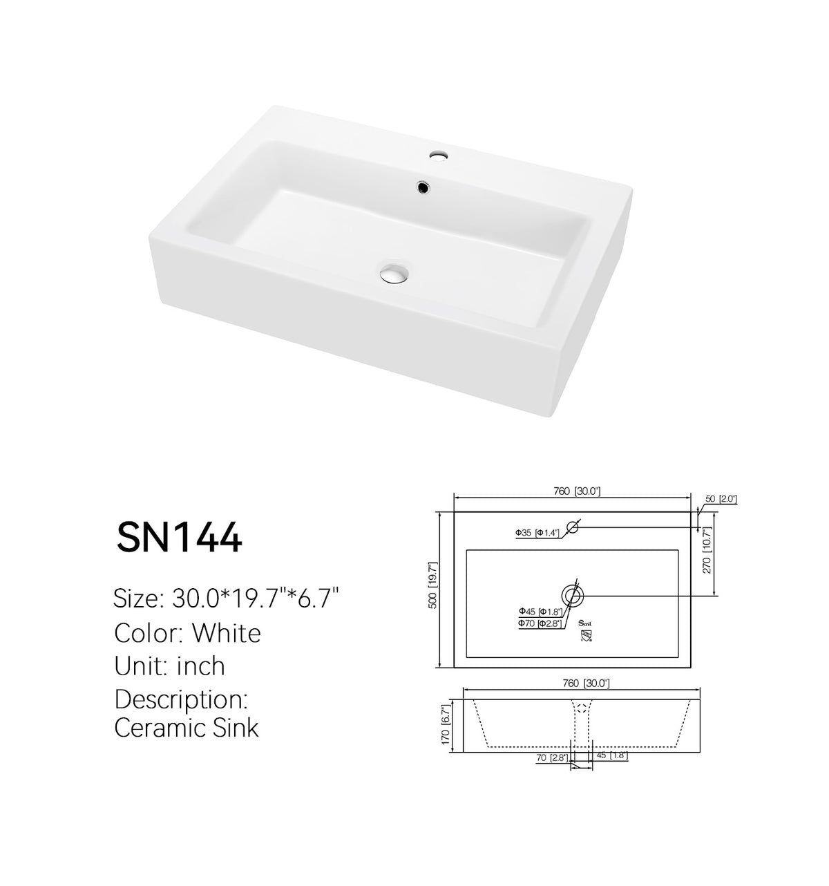 Angled view of the SN144 white rectangular ceramic vessel sink, a 30 inch above-counter basin with a single rear faucet hole