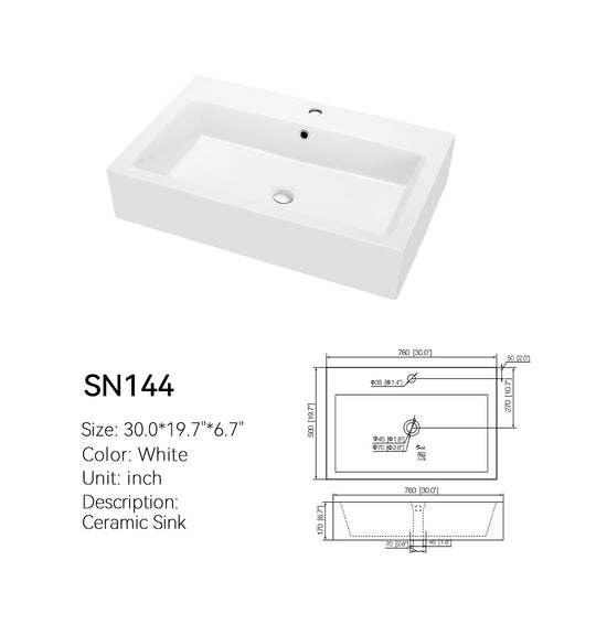 Angled view of the SN144 white rectangular ceramic vessel sink, a 30 inch above-counter basin with a single rear faucet hole