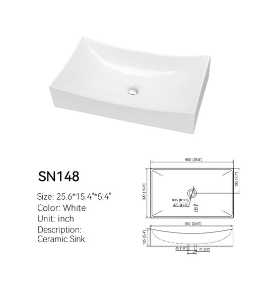 26 inch curved rectangular ceramic vessel sink, SANIKB SN148, white glazed, with dimensioned spec drawing