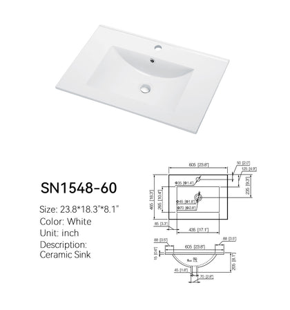SANIKB SN1548-60 white ceramic vanity top, 23.8 x 18.3 in, centered rectangular bowl and single faucet hole, with dimensioned spec drawing