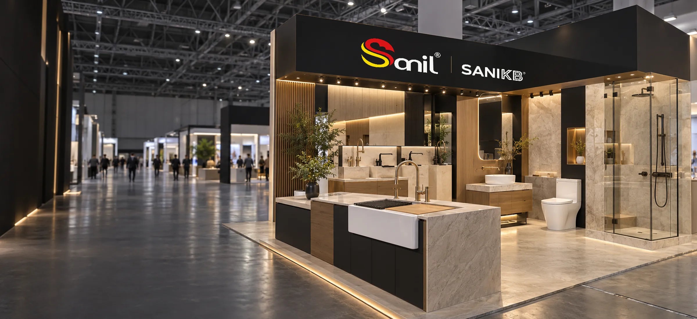 Illustration du stand Sanil | SANIKB dans un hall de salon, avec un évier à tablier en céramique réfractaire, des vasques à poser, un WC monobloc, une cabine de douche vitrée et de la robinetterie